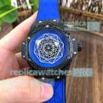 Copy Hublot Big Bang Sang Bleu Black Diamond Bezel Blue Leather Strap Limited Mens Watch